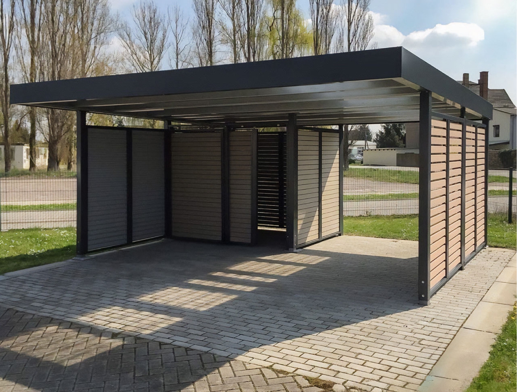 Односкатный автонавес из поликарбоната в стиле хай-тек для автомобиля с закрытыми боковинами Односкатный автонавес из поликарбоната в стиле хай-тек для автомобиля с закрытыми боковинами